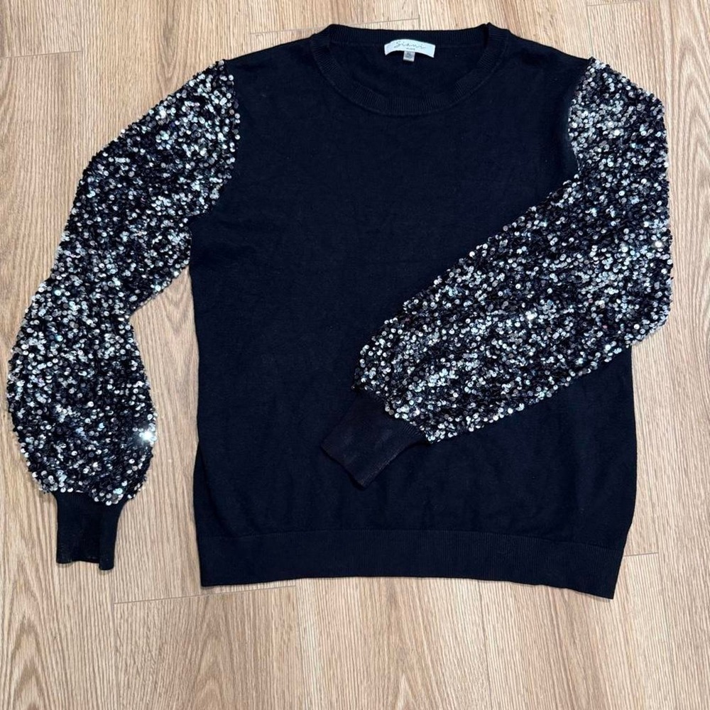 Sioni Milano Womens XL Black Sequin‎ Sleeve Knit Sweater Silver Sparkle Holiday